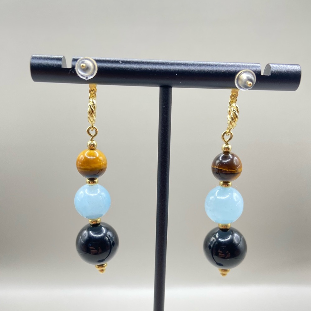 David Yurman 18K Yellow Gold Tiger Eye Black Onyx Bead Earrings - Picture 5 of 10